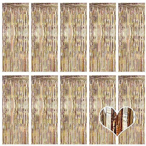 10 Pack Champagne Gold Backdrop Curtain 3.2ft x 8.2ft Metallic Tinsel Foil Fringe Curtains Photo Booth Background for Birthday Party Decoration Engagement Wedding Christmas Decor (Champagne Gold)