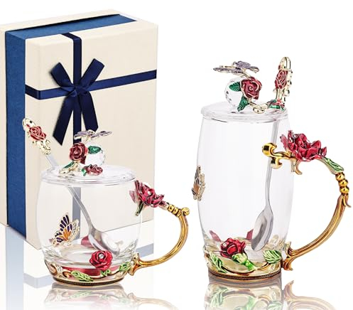 Emaille Schmetterling Blume Glas Kaffeebecher mit Löffeln und Deckeln, Satz 2-Sätze mit Geschenkbox für Frau, Mama, Großmutter, Freundin, Schwestern, Weihnachten, Geburtstag (rot)