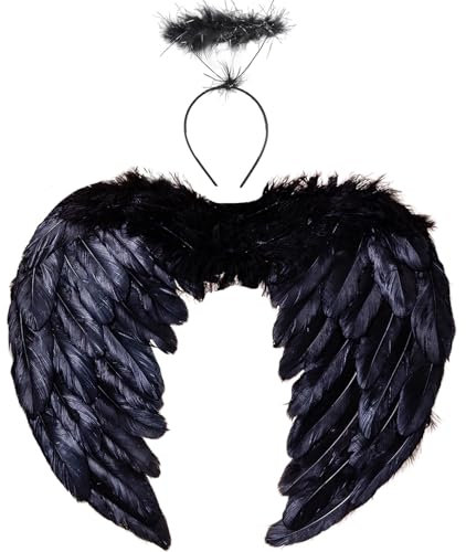 Winwild Engelsflügel Schwarz mit Heiligenschein Liebe Engel Flügel Kinder Engel Kostüm Feder Flügel Dunkler Engel Kostüm Kinder Halloween Karneval Cosplay Accessoires(45CM×35CM)