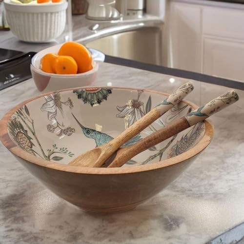 Hartsmede Handmade Serving Bowl Set with Spoons Large Hummingbird, 12 Inch, Salad Pasta Bowl, Serving Dishes for Entertaining, Vibrant Pattern Party Bowl, Ideal Christmas Housewarming Gift