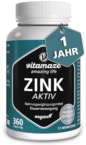 Vitamaze® Zinco Integratore 25 mg per Compresse (Scorta 1 Anno) di Zinco Bisglicinato Elementare Puro, 360 Compresse, Altamente Biodisponibile per Pelle, Capelli, Senza Additivi, Qualità Tedesca.