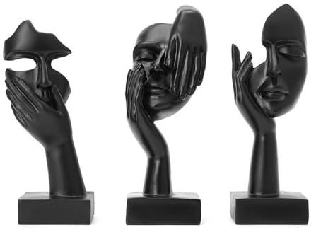 maozyiltle Set Di 3 Statue Con Volto Di Donna, Statua Da Collezione Del Pensatore Nero Dorato, Decorazione Per La Casa Di Arte Moderna, Regalo Per Gli Amici (Nero)