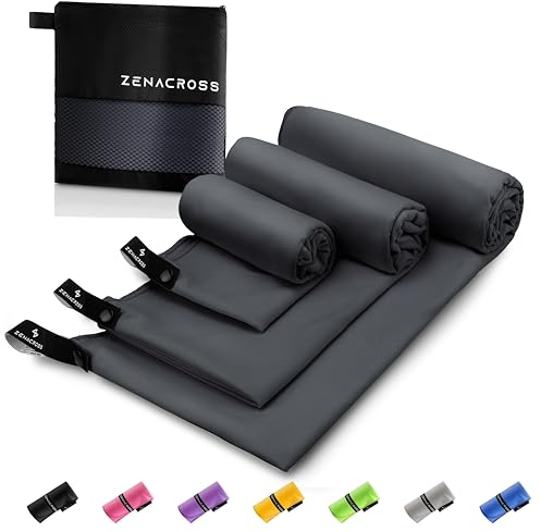 ZENACROSS Mikrofaser Handtuch (3er-Set) mit Transportbeutel - Schnelltrocknendes und vielseitiges Fitness Handtuch - Sporthandtuch Größen S, M, L - Dunkelgrau