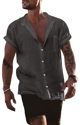 YAOBAOLE Short Sleeve Mens Shirts Button Down Band Collar Shirts for Men Casual Men Shirt Dark Gray M