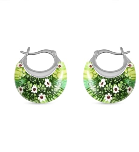 SHOP LC Millefiori Muranoglas-Creolen für Damen | Farbenfrohes grünes Gänseblümchen-Design | Boho-Modeschmuck als Geschenk | Ct. 30