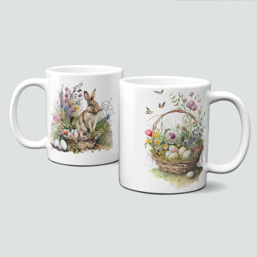 online-hut - Tasse - Kaffeetasse - Kaffeebecher - Ostertasse - Ostern - Hase im Osternest/Osterkörbchen - OT-26