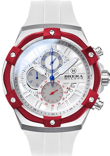 Brera Milano Herrenuhr Supersportlich Evo 45 mm Chronograph Quarz Gehäuse Stahl, Zifferblatt weiß - Armband Naturkautschuk Weiß