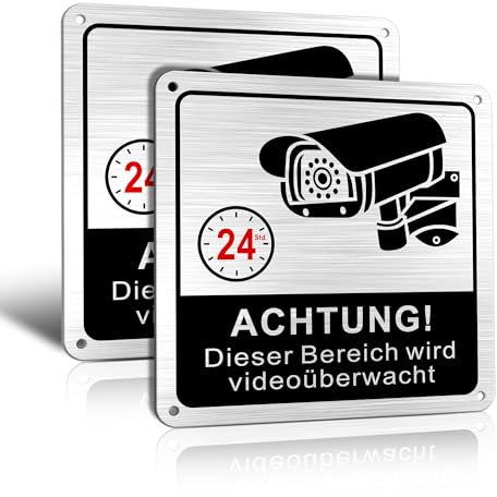 TAKULA Achtung Videoüberwachung Schild,Grundstück Videoüberwacht Schild,15 * 15CM Aufkleber Videoüberwachung mit Selbstklebenden und 4 Bohrlöchern(Pack of 2)