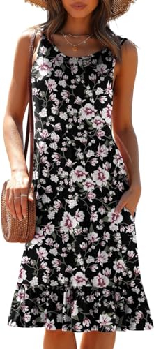 Yommay Damen Kleider Casual Sommerkleid Elegante Hochzeitsgas/Festlich Frauen Drucken Maxikleid Strandkleid mit Taschen,Blume Schwarz Rosa,XL