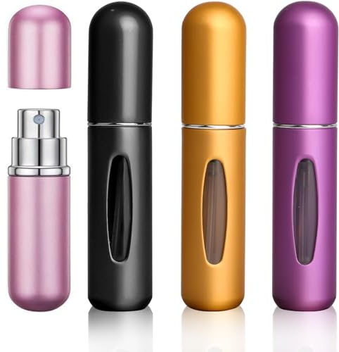 QHFlashbuy 4 Piezas Atomizador Perfume Recargable,5ML Mini Botella Rociadora Portátil,Rociador de Botella de perfume con Ventana,Spray Portátil para Viaje