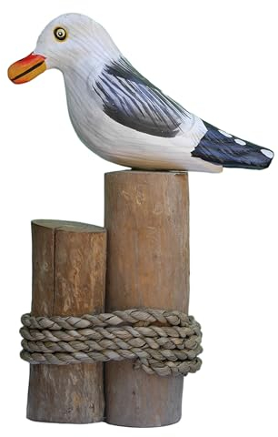 ART-CRAFT Möwen-Skulptur auf nostalgischem Strandgut-Poller - Filigrane Holz-Deko im Vintage-Look 21 cm hoch