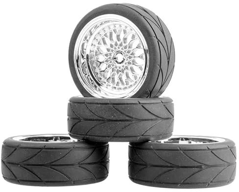 KEEDA RC Auto 64mm Gummireifen & 52mm/2,05 Zoll Kunststoff Felgen Räder für 1/10 RC On Road Touring Racing Drift Car (Einpresstiefe 3mm, Silber)