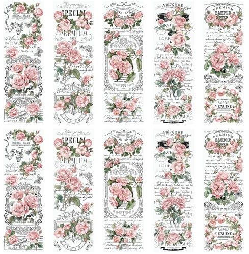 WANDIC 10 Blatt Transfer-Aufkleber, Retro, rosa Blumenmuster, Aufkleber für DIY, Scrapbooking, Fotoalben, Möbel, 30 x 9,9 cm