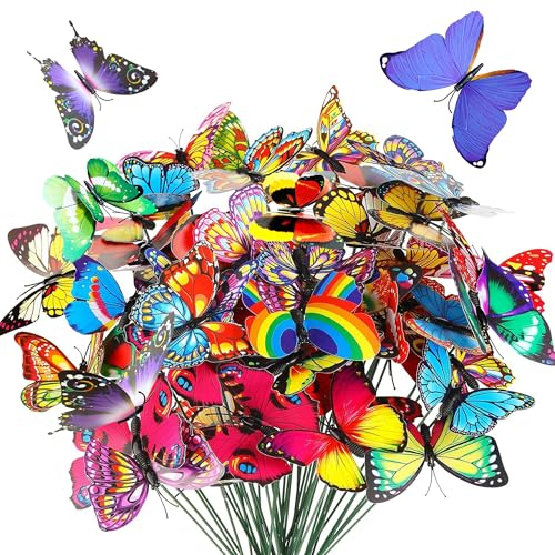Attuslla 50 PCS Butterfly Garden Stakes, Colorful Butterflies on Sticks Garden Ornaments Indoor Outdoor Yard Garden Flower Pot Decoration, Miniature Fairy Garden Decoration