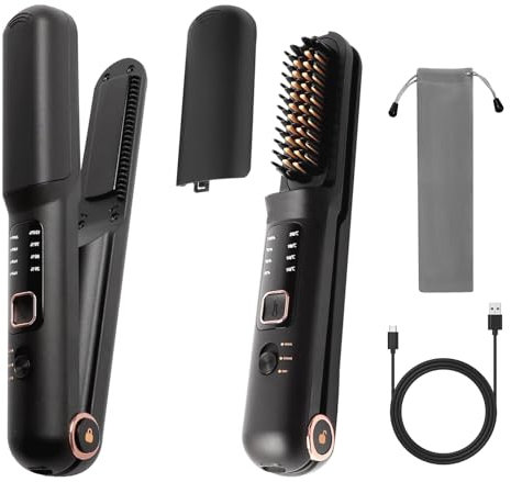 Kabellose Haarglätter, 2 in 1 Kabellose Glättbürste und Kabellose Glätteisen, Mini Haarglätterbürste Tragbare Glättungsbürste Typ-C Wiederaufladbare Haarglätter Bürste, 140-200℃, Schnelles Aufheizen