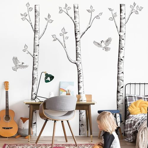 Supzone Wandtattoo Großn Birkenbäume 170cm, Wandaufkleber 3 schwarz-weiß Birke Vögel Selbstklebende Wandsticker für Wohnzimmer Schlafzimmer Sofa TV Hintergrund Wanddeko