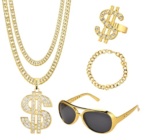 Tigvio 4 Stück Zuhälter Kostüm Goldkette Fasching Kit, Hip Hop Kostüm Gangster Rapper Kostüm mit Goldkette Herren Armbänder Ring Brillen, 70er 80er 90er Jahre Accessoires für Karneval Halloween Party