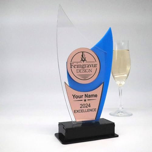 Personalisierte Moderne edle Trophäe, personalisierter eigener Text oder Logo, Blau und Spiegel Acryl - Medaille - Pokal - Auszeichnung 230x105 mm Rose Gold