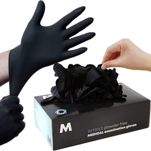 Black Disposable Nitrile Gloves, Multipurpose, Medical Exam Gloves, Chemical Resistant, Powder-Free, Latex-Free, Puncture-Resistant, Food Safe, Cleaning, Tattoo, Box of 100 Gloves (200, MEDIUM)