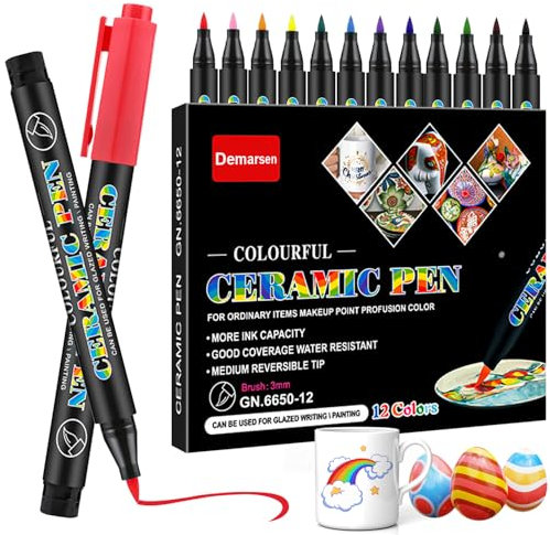 Demarsen Porzellanstifte Spülmaschinenfest,Acrylstifte für Steine Wasserfest 12 Farben Keramikstifte zum Bemalen 3mm Marker Stifte Set für Glas,Leinwand,Holz,DIY Kunsthandwerk Machen