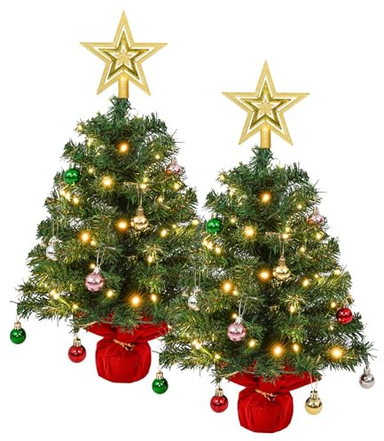 Mini-Weihnachtsbaum, 60 cm, Tisch-Weihnachtsbaum mit Lichtern, Baumspitze, Stern und Mini-Weihnachtskugeln, für Weihnachten, Zuhause, Küche, Esstisch, Dekoration, 2 Stück
