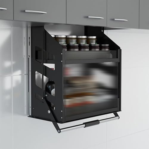 2-stufiger herunterziehbarer Organizer, Schrankregal, Jalousie, vertikales Heben, Geschirr- und Gewürzregal mit herausnehmbarem Korb, trägt 22–33 Pfund (schwarz, 16,1 x 12 x 26,4 Zoll)