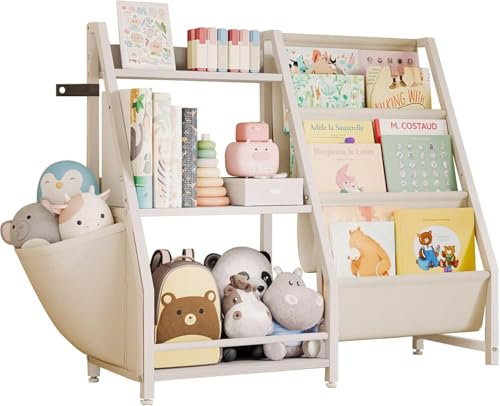 Forthcan Kinderregal Bücherregal Spielzeug Regale mit 3 Ablagefächern und 3 Offenen Fächer, Zeitungsständer Aufbewahrungsregal Kinderzimmer Möbel für Kinder, Weiß