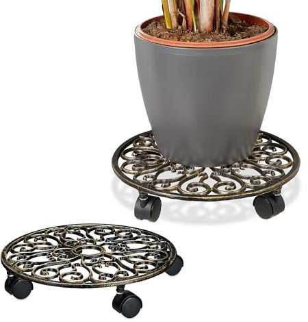 Relaxdays Sottovaso con Ruote, Carrello Portavasi Rotondo in Ghisa, sotto Vaso Interni ed Esterni, HxD 7,5x34 cm, Bronzo, Plastica