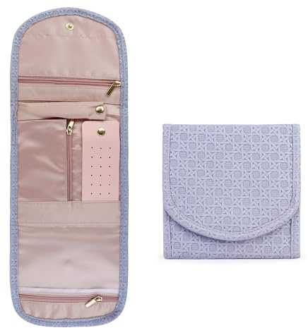 FuninCrea Kunstleder Schmuckrolle, Kompakt Reise Schmuck Organizer mit Ohrringständer und Ringhalter, Faltbar Schmucktasche Schmuckaufbewahrung Reise für Ringe Ohrringe Halsketten Armbänder (Lila)