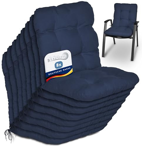 Beautissu Set di 8 Cuscini per sedie da Giardino Interni Esterni spiaggine | 100x50x8cm blu scuro morbido cuscino comoda e soffice imbottitura Ideale Anche sedia sdraio esterno Flair NL