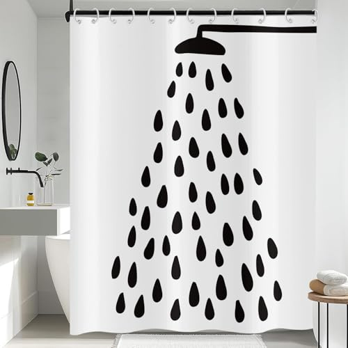 Hnmdmyi Duschvorhang Schwarz Weiß 180x200, Moderner Lustiger Duschkopf und Wassertropfen Badewanne Vorhang Wasserdicht Polyester Stoff Waschbar Badevorhang für Badezimmer mit Haken