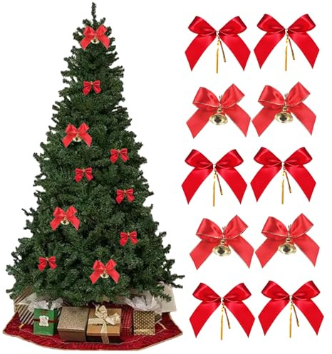 SSKHE 50 Stück Rote Schleifen Weihnachtsbaum, 20 x mit Glöckchen, Weihnachtsdeko Rot, Christbaum Schleifen, Weihnachtsbaumschmuck für Baum, Kranz, Girlande, Geschenke