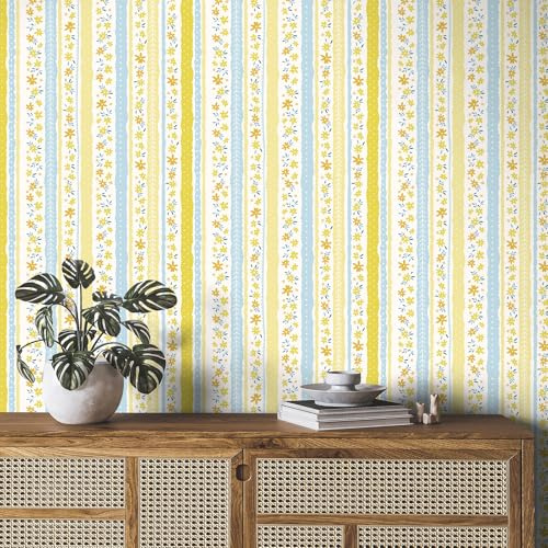 VaryFloral 44.5cmx400cm Self Adhesive Wallpaper Daisy Floral Self Adhesive Wallpaper Roll Peel and Stick Blue Yellow Stripe Sticky Back Plastic Fresh Contact Paper Vinyl Wrap for Furniture Cupboard
