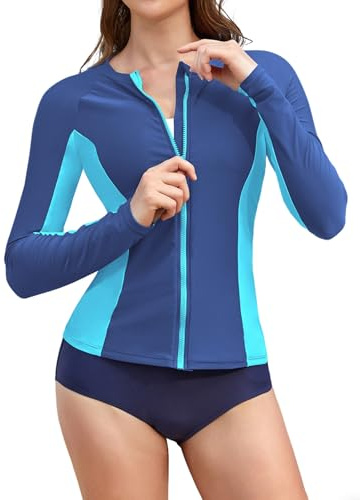 SHEKINI Rashguard - Maglia da donna a maniche lunghe, UPF 50+, con cerniera, Blu, Azzurro, XL