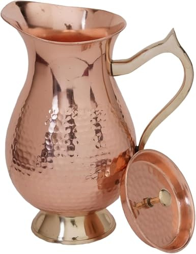 COPPAYA 100% Pure Copper Water Pitcher with Lid, 1500ml Traditional Mughlai Jug with Handle, Hammered Finish, Ayurveda Inspired for Daily Use