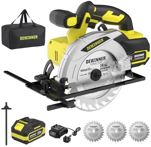 DEWINNER Scie Circulaire Sans Fil 4.0Ah Batterie,Scie Circulaire Pour le Bois 4000RPM,Profondeur de Coupe Max: 54mm(90°)-38mm(45°),3 Lame (165mm 24T),Sac en Toile,Pour Coupe de Bois（Une Batterie）