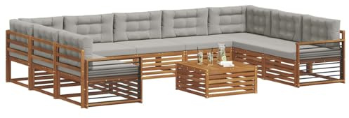 vidaXL Sofagarnituren 10 pcs Natürlich und Hellgrau Massivholz Akazie, Moderner Garten-Sofa, Outdoor-Sitzgruppe, Lounge-Set für die Terrasse, bequem und robust