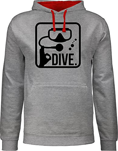 Pullover Herren Frauen Hoodie Kontrast zweifarbig - Wassersport - Dive. - XL - Grau meliert/Rot - tauchen schwimmer dive hoddis schwimmmotiv tauch pullis schwimmen taucher pulli schwimm polower