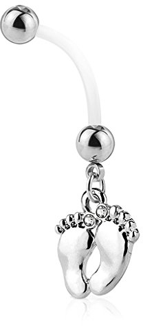 Autiga Schwangerschaftspiercing Bio Flex Flexibler Kunststoff kürzbar Baby Füße Füßchen Bauchnabel-Piercing Silber