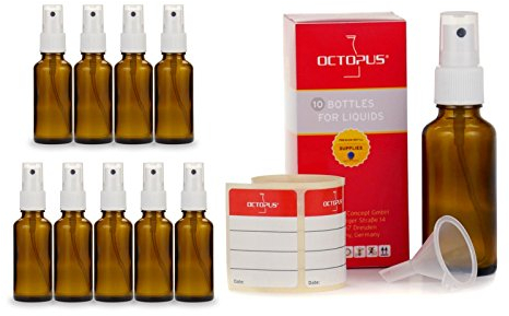 10 x Bouteilles en verre teinté de 30 ml munies de vaporisateur, mini-entonnoir + étiquettes, Flacons pulvérisateurs avec pulvérisateur à pompe