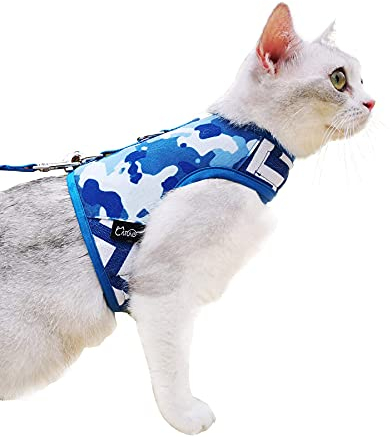Taktisches Katzengeschirr und Leine zum Spazierengehen, ausbruchsicher, Ozean-Camo, Größe XL, verstellbare Katzen-Wanderjacken, gepolstert, stilvolle Katzenweste für den Winter
