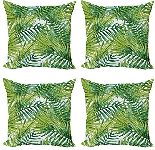 ABAKUHAUS Pflanze Dekokissen Kissenbezug 4er Pack, Bunte Illustration Natürliche, Modern Accent Doppelseitiger Digitaldruck, 40 x 40 cm, Lindgrün Farngrün