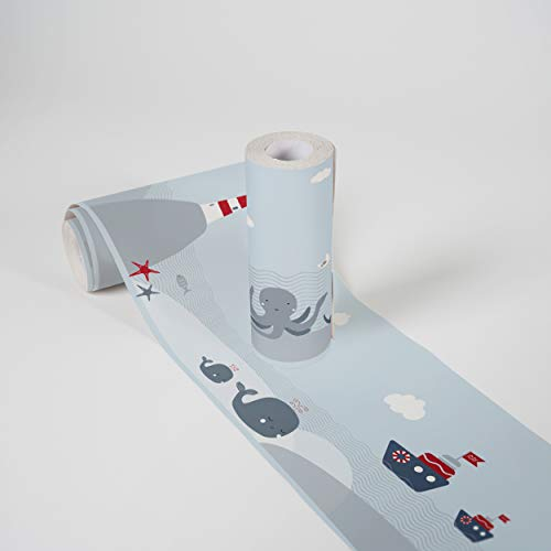 A.S. Création selbstklebende Bordüre - Papierbordüre mit kinderfreundlichen Motiven in Grau, Rot und Blau - auf 5,00 m x 0,15 m je Rolle