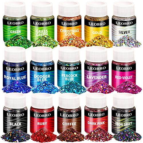 LEOBRO Holographic Chunky Glitter - 15 Colors for Resin, Nail Art, Festival Cosmetic, Eye, Hair, Face, Body - Flakes Sequins for Epoxy Resin Tumbler DIY Arts Crafts