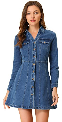 Allegra K Women's Denim Dress Button Down Collar V Neck Long Sleeve A-line Cotton Jean Dress X-Large Blue