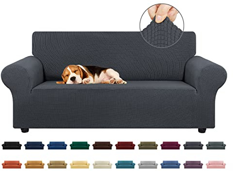 KEKUOU Stretch-Sofabezug für 2 Kissen, Couch, Sofa, 139,7 cm - 200,7 cm, Möbelschutz, Sofa mit elastischer Unterseite für Kinder, Hunde, Jacquard, klein, kariert, Größe M, Anthrazit