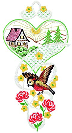 Plauener Spitze Fensterbild Herz und Vogel farbig 16 x 30 cm Fensterdeko Fensterschmuck Bilder Handarbeit Deko Fenster