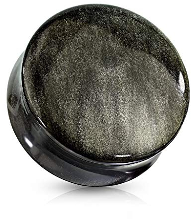 beyoutifulthings Ohr-Plug Gold-Obsidian Natur-Stein Ohr-Piercing Ohr-Schmuck Tunnel 16-mm Double Flared Sattel-Verschluss Schwarz Gold