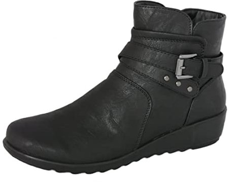 Cushion Walk EEE Wide Fitting Women's Black Low Wedge Ankle Boots with Zip Fastening & Buckle and Stud Detail - Non-Slip Sole (8 UK, Black)
