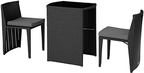 TecTake® Conjunto Jardín Exterior de Ratán y Acero, Muebles Jardín Exterior Resistente a la Intemperie, 2 Sillas con Cojines, Mesa Cristal, Agrupable, Fácil Montaje y Limpieza - Negro